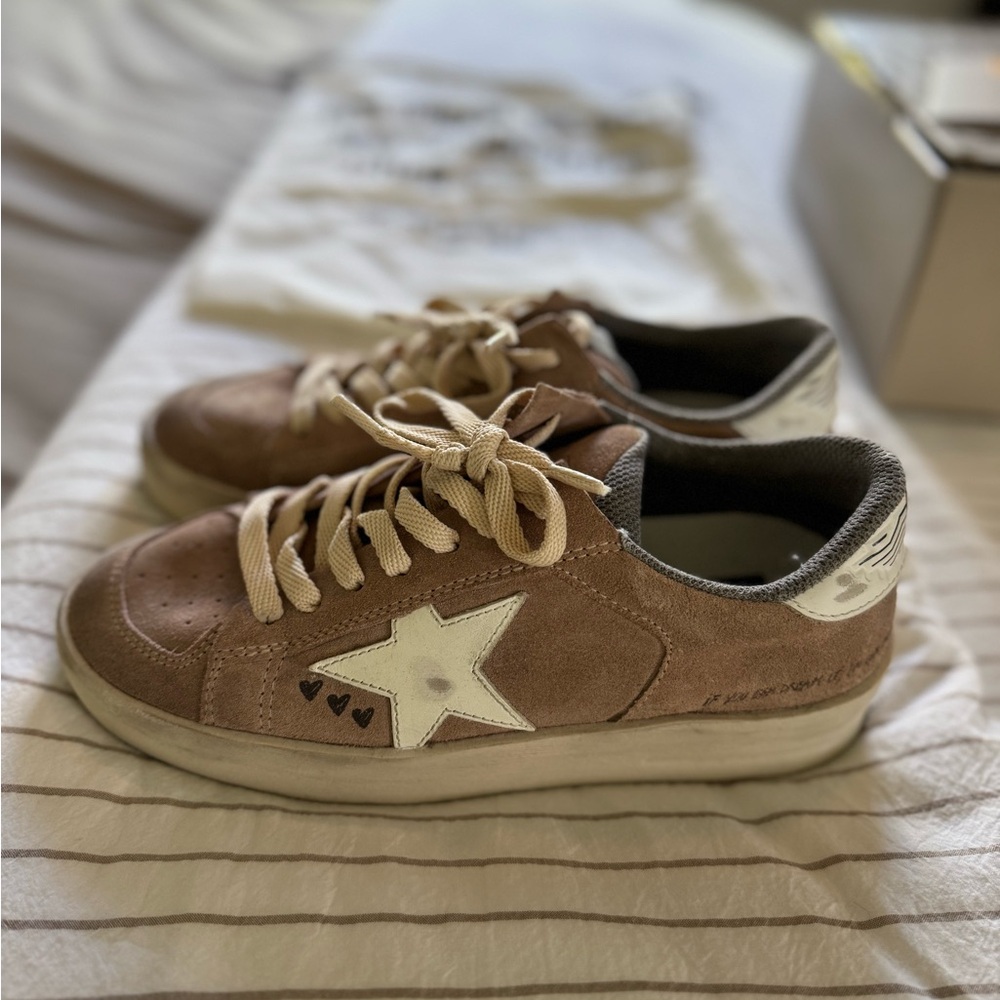 Golden Goose Tan and White Star Sneakers